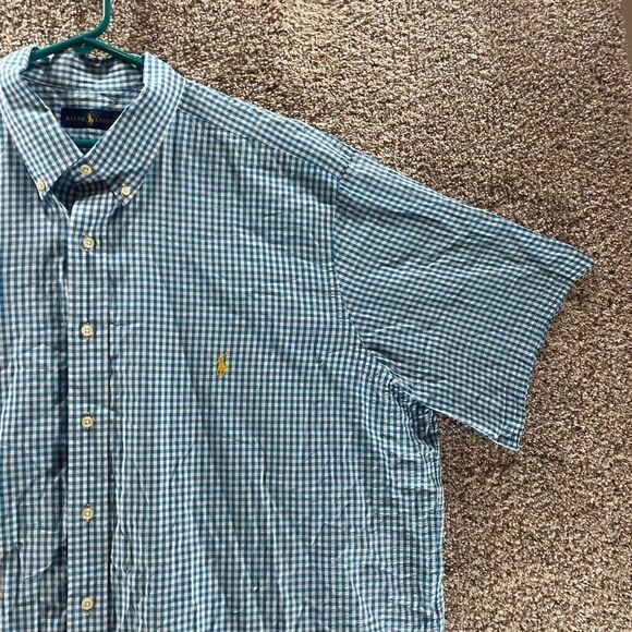 Ralph Lauren Shirt Adult 2XB Blue White Check Cotton Button Up Yellow Pony Logo - Picture 4 of 13